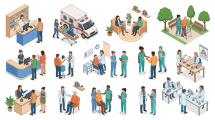 Fototapeta premium comprehensive healthcare environment illustrating patient consultations laboratory research outdoor therapy and medical facility