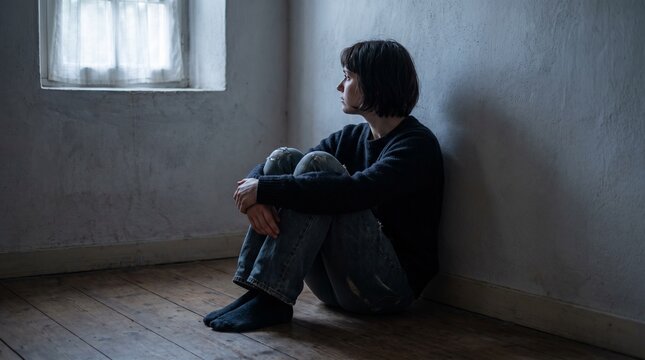 Sad person sitting on floor against wall in dark room, lonely woman feeling depressed alone.