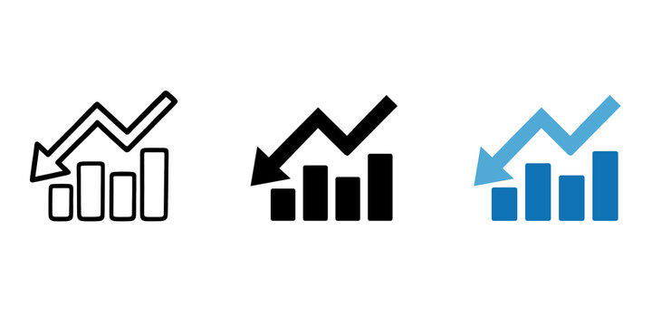 Business falling growth graph with arrow icon set, Vector illustration of financial progress statistics, corporate sale decreasing , corporate failure , output decrease