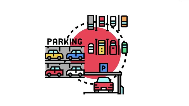 Security system icon depicting video surveillance cameras monitoring a multi level parking lot and a single parked vehicle, emphasizing safety and awareness in parking areas