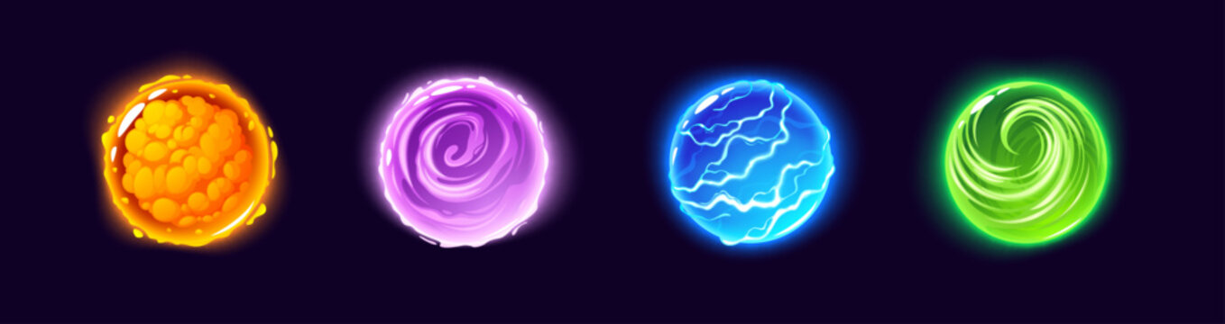 Energy orb with magical light effect and glowing crystal sphere. Fantasy fireball with electric plasma, purple neon flames and lightning sparkles. Abstract power ball icon for game interface design.