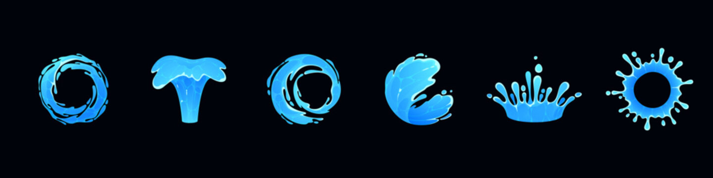 Comic water splash effect with cartoon drop icon and vector wave element. Blue liquid fountain illustration for game design. Ocean foam, sea graphic, summer surf motion in 2d manga style isolated.
