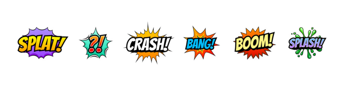 Bubble comic sound effects with onomatopoeia boom and bang expressions. Cartoon explosion pop art with text icons and graphic elements. Superhero style stickers with splash designs for posters.