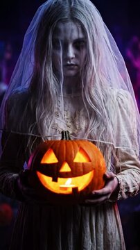 Ghostly bride in vintage dress holding a glowing jack-o-lantern for Halloween celebration