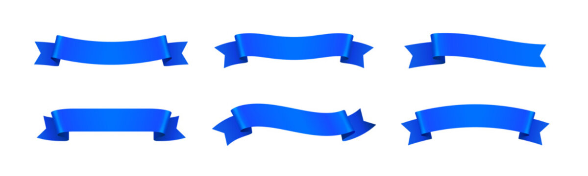 Banner design with 3D ribbon and decorative label elements. Vector tag with curved band shape and glossy blue texture. Realistic badge frame with modern style for promotion and celebration events.