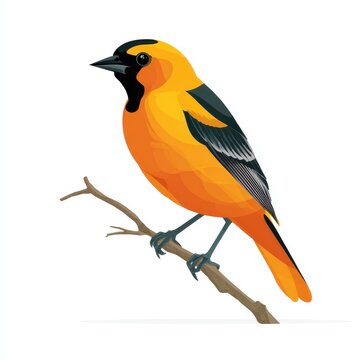 Bright Orange And Black Baltimore Oriole Perched On A Simple Brown Twig Isolated On White Background