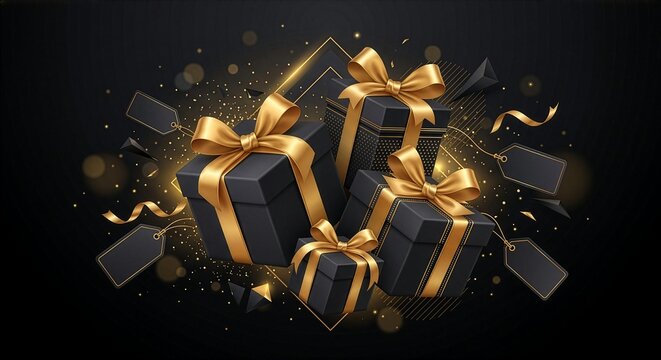 Premium Black Friday Gift Box and Gold Ribbon Illustration