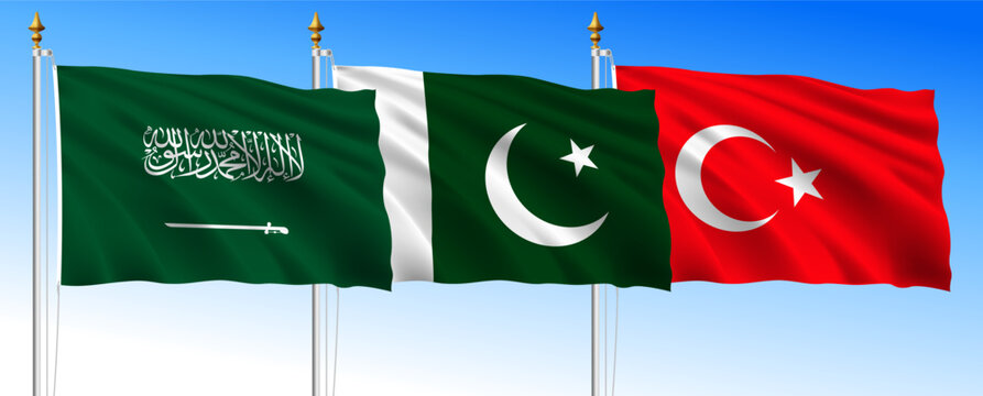 Mecca Agreement 2026, flags of the three participating states, Saudi Arabia, Pakistan, Turkey, vector illustration
