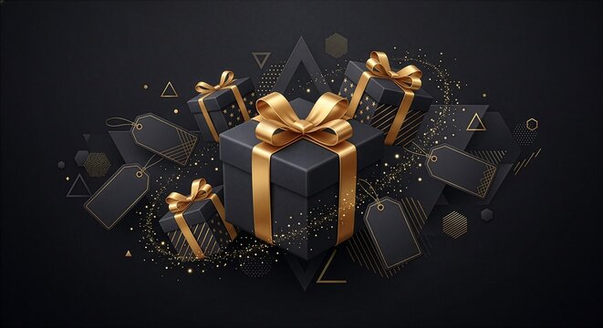 Premium Black Friday Gift Box and Gold Ribbon Illustration