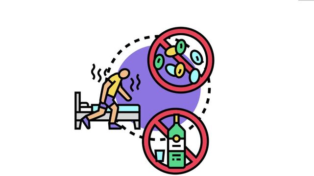 Person experiencing withdrawal symptoms while ceasing a ketogenic diet, featuring icons representing common issues like hangovers and medication side effects
