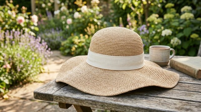 Elegant wide brimmed straw sun hat with white ribbon resting on a wooden table in a blooming summer garden