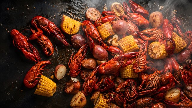 Traditional Louisiana crawfish boil with corn and potatoes, steaming hot cajun seafood feast, rustic outdoor mudbug dinner