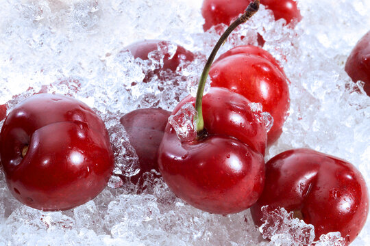 Cherries on ice, close-up