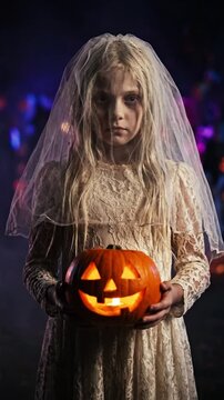 Little girl in ghost bride costume holding a glowing jack-o-lantern for Halloween celebration