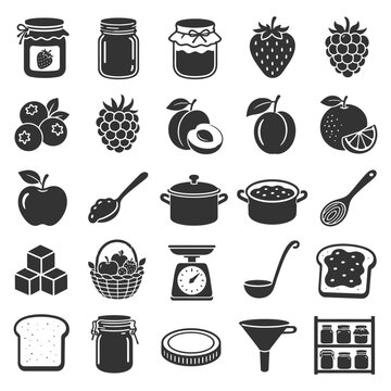 Icon set of jam, fruits, kitchen utensils, and storage elements.