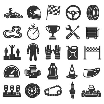 Go-kart racing icons: helmet, trophy, stopwatch, track, gear, steering wheel, finish line.