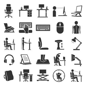 Office ergonomics icons set featuring furniture desk chair computer setup.
