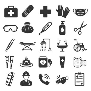 Medical equipment icons: first aid, hygiene, safety symbols collection.