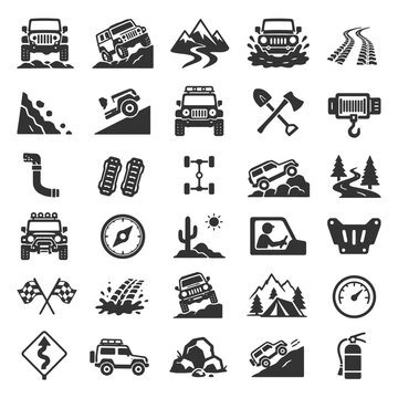 Off-road adventure icons: jeeps, trails, mountains, tools, navigation.