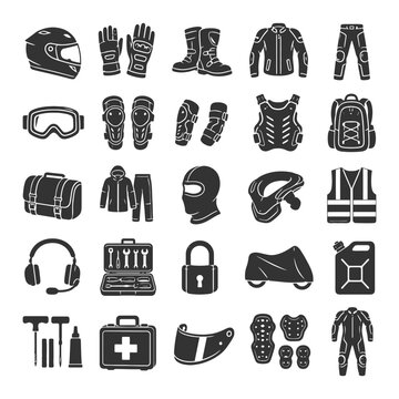 Motorcycle gear icons: helmet, gloves, boots, jacket, backpack, tools.