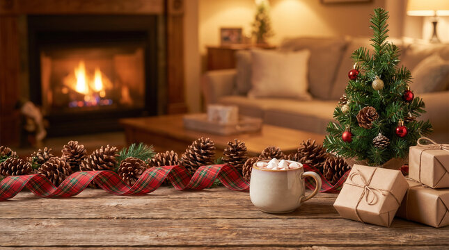 Hot cocoa and small Christmas tree on rustic wooden table with fireplace view.