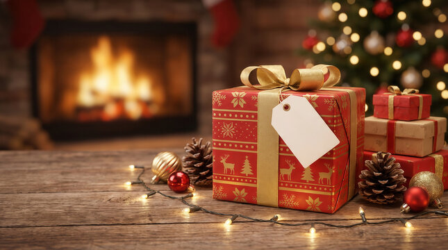 Christmas gift box with tag on wooden table with fireplace background