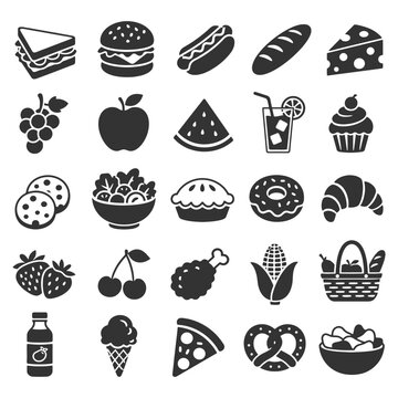 Assorted icon set of popular foods and beverages.