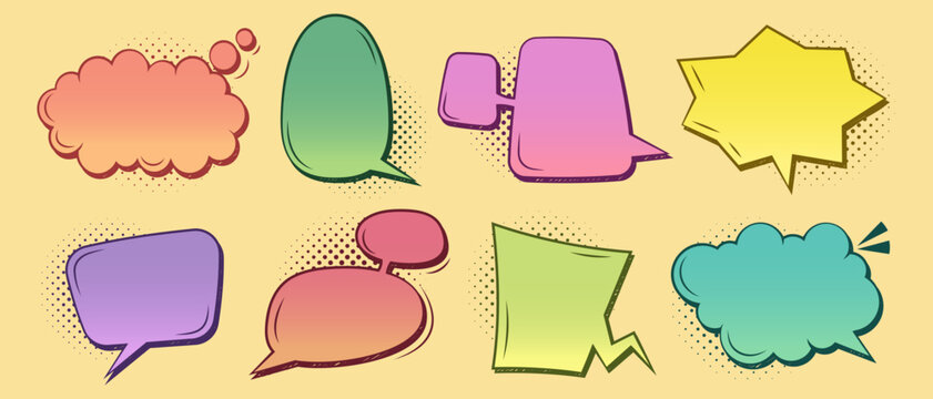Comic bubble collection with speech shapes and cartoon cloud callouts for text emphasis. Retro frame effects with vector dialog elements, anime signs and thought templates in manga style design.