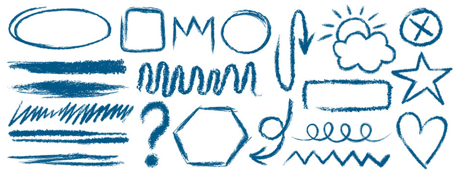 Crayon underline strokes and hand drawn arrows in sketch style. Pencil vector doodles with marker texture and scribble shapes. Blue chalk highlights, pastel frames and grunge elements.