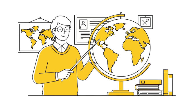 A teacher with glasses in a yellow sweater pointing at a globe with a stick near stacked books and wall maps