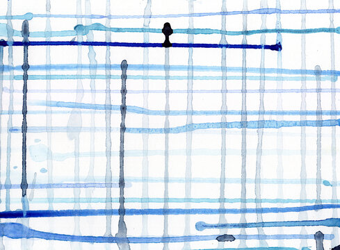 Abstract blue watercolor grid pattern with dripping lines