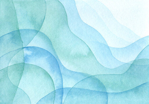 Abstract watercolor background shows translucent blue waves