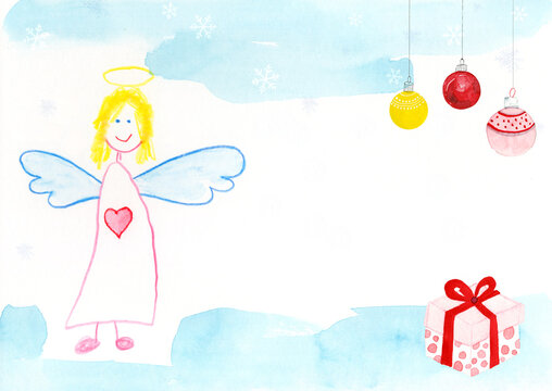 A watercolor drawing shows a cheerful angel and a Christmas gift
