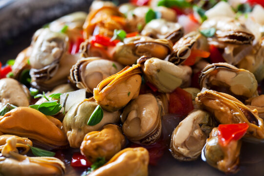 Marinated blue mussels, close-up