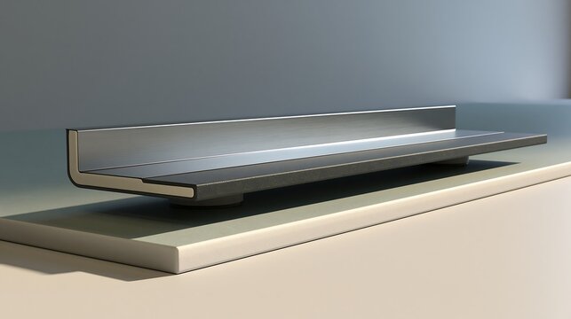 A sleek l-shaped metal profile piece resting on a flat rectangular base, showcasing industrial and metallic surface textures