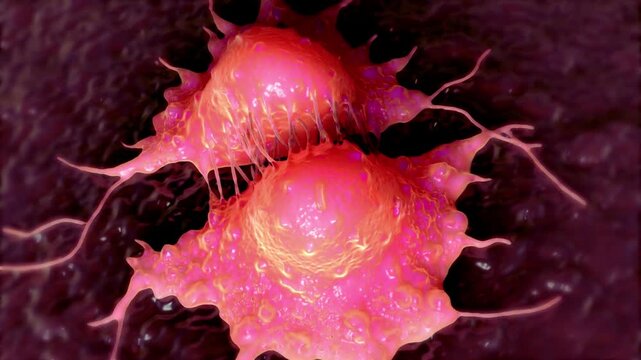 Close up animation of dividing red cancer cells multiplying in a microscopic environment cell division biology medical science