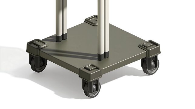 Isometric 3d view of a square grey platform base with four black caster wheels at the corners, supporting vertical poles on a white background