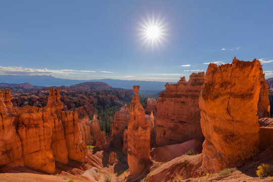 USA, Utah, Bryce Canyon National Park, Thors Hammer and other hoodoos in amphitheater as seen from Navajo Loop Trail