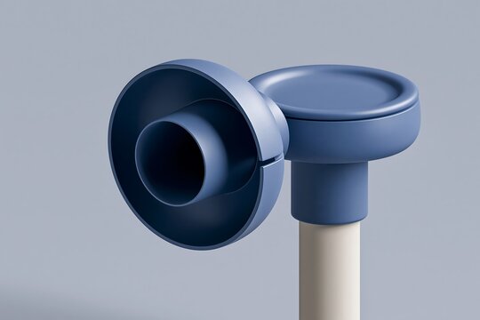 A blue industrial pipe fitting with a circular flange and a cylindrical extension, mounted on a vertical pole against a soft blue background wall