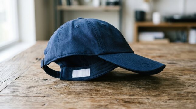 Side view of a dark blue baseball cap resting on a rustic wooden table in a brightly lit room