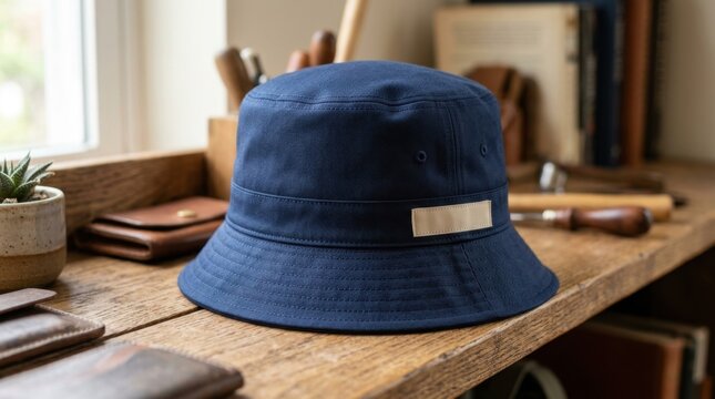 Classic navy blue canvas bucket hat placed on a rustic wooden workbench with leather crafting tools