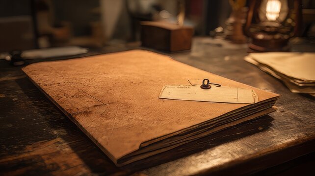 Vintage manila folder on rustic wooden desk, aged paper document file with tag, antique office detective aesthetic