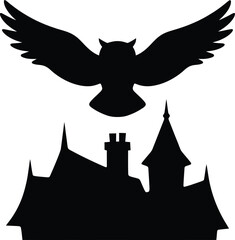 Fototapeta premium Silhouette of a flying owl above a spooky house rooftop