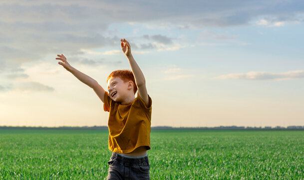 Cheerful red-haired boy with raised hands in a green field