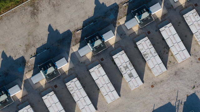 Aerial drone view shows battery energy storage system outdoors