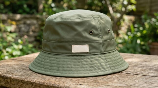 Olive Green Fabric Bucket Hat with Blank Label for Outdoor Summer Style Photography