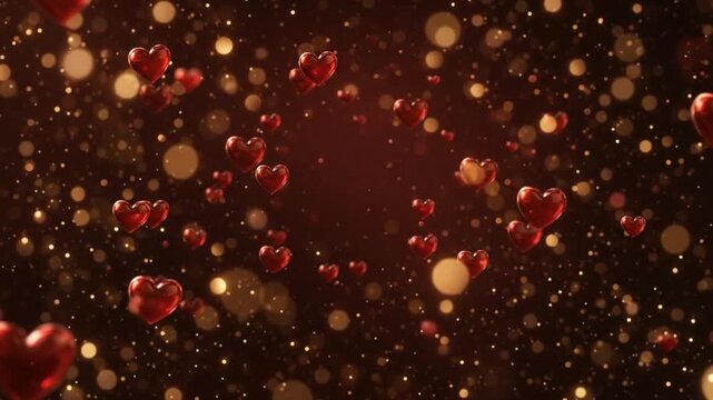 Glossy red hearts floating toward the camera with golden glitter and bokeh, luxury romantic background for Valentine&rsquo;s Day, weddings, anniversaries, love advertising and festive banners.