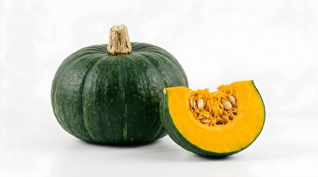Fresh whole and sliced green kabocha pumpkin isolated on white background