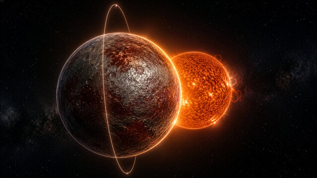 Concept of Gliese 523b Massive Rocky Exoplanet in Deep Space Description Conceptual illustration of Gliese 523b, a massive rocky exoplanet shown with an orange dwarf host star in deep space. Astronom