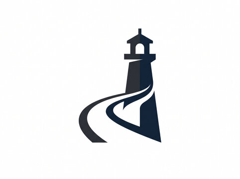 Dark navy blue lighthouse vector logo with a curving path leading to the tower, representing guidance, strategic direction, navigation, leadership, and coastal safety.